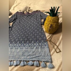 Blue Patterned SPF 50 Dress with Tassels size L nwot